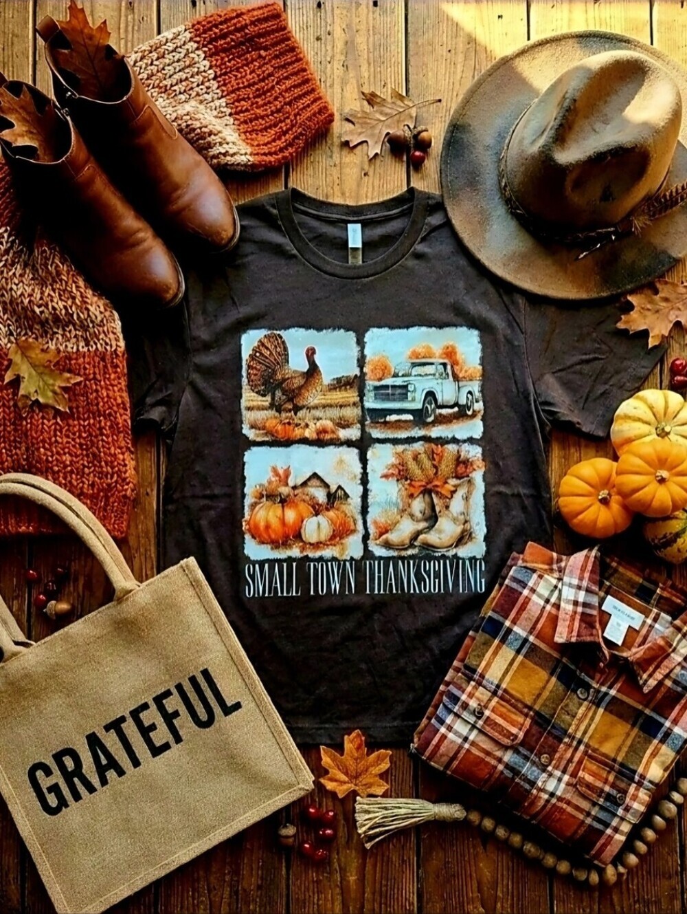 Small Town Thanksgiving Tee • Rustic Fall Country Shirt • Western Autumn Farm